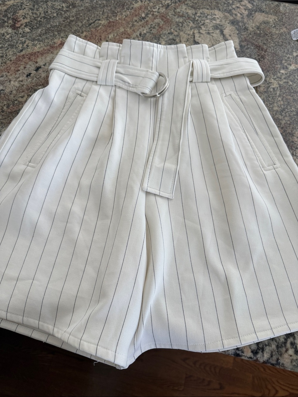 Ganni White Pinstripe High-Waist Paperbag Shorts with Belt